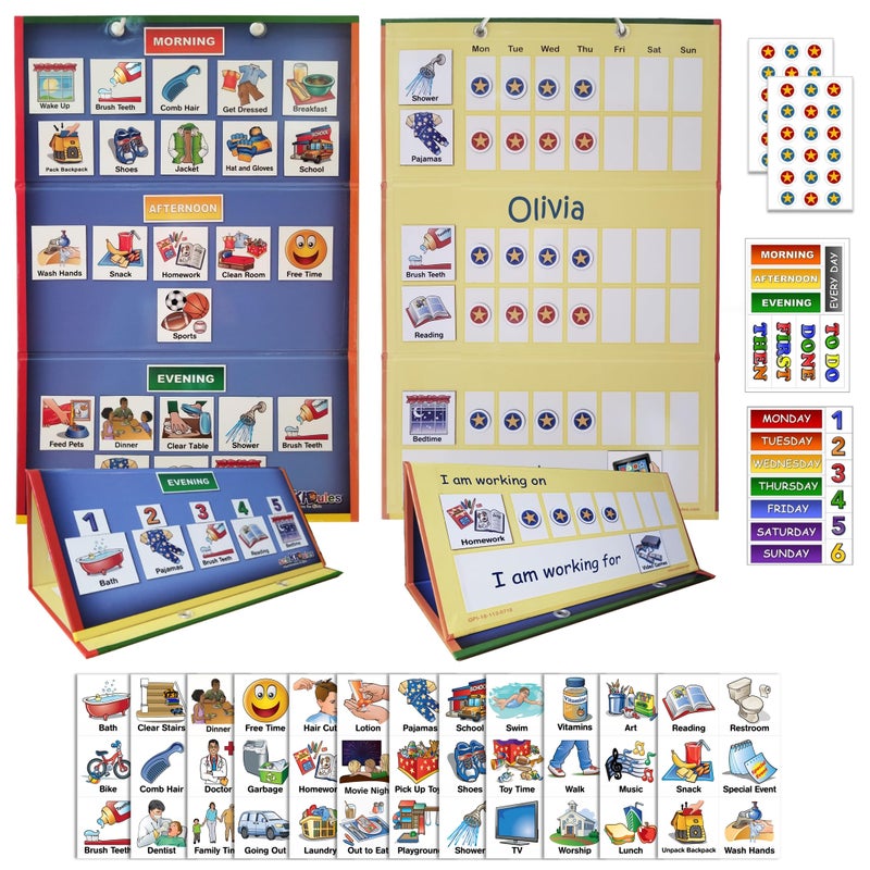 SchKIDules Home-Themed Magnetic Visual Schedule & Reward Chart w/129 Colorful Magnets & 2-Sided 18  Folding Board; for Daily Routines  Chores  Behavioral Supports  Kids Calendar  ADHD & Autism Tools - Image 1